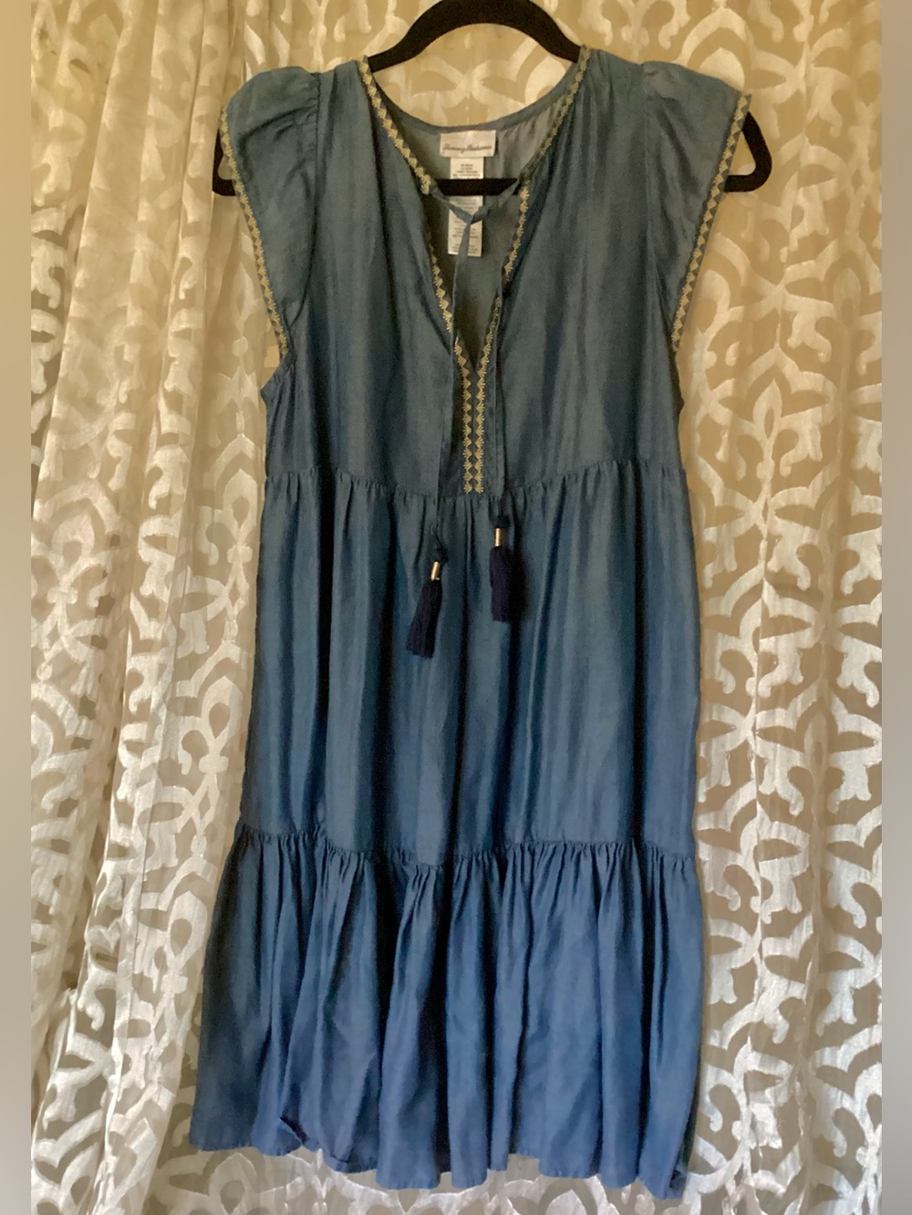 Tommy Bahama Blue Chambray Gold Embroidered V-Neck Tunic Dress Small